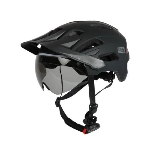 Bicycle helmet with LED front and rear lights, turn signals, and double visor