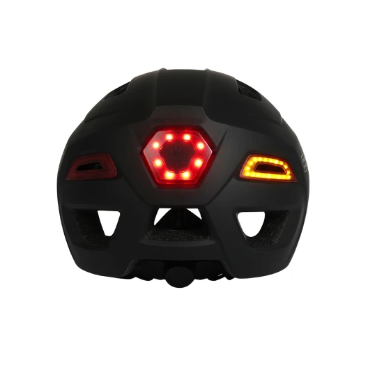 Bicycle helmet with LED front and rear lights, turn signals, and double visor