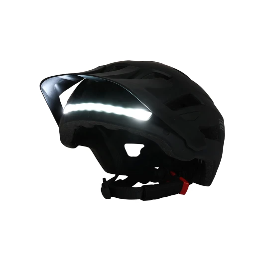 Bicycle helmet with LED front and rear lights, turn signals, and double visor